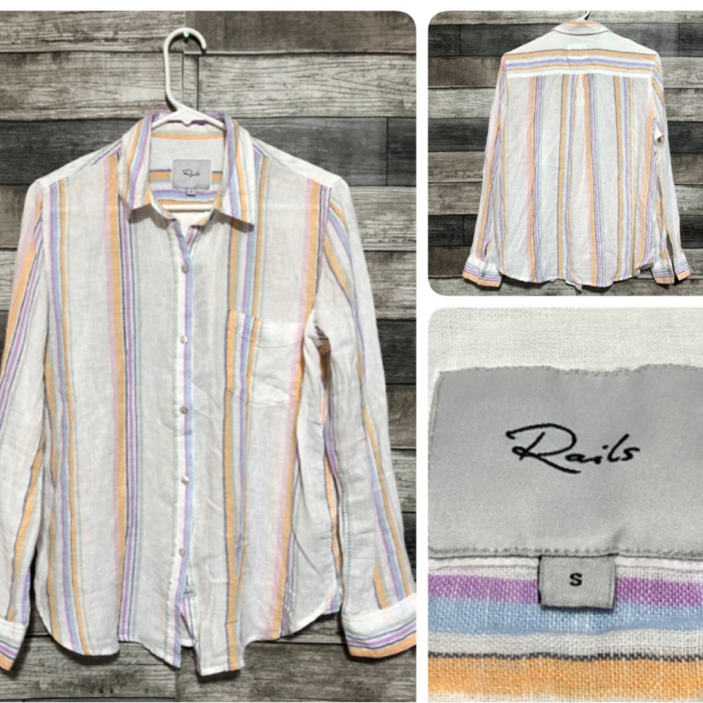 Rails Striped Linen Rayon Button Up Shirt Women’s S White Lightweight Casual